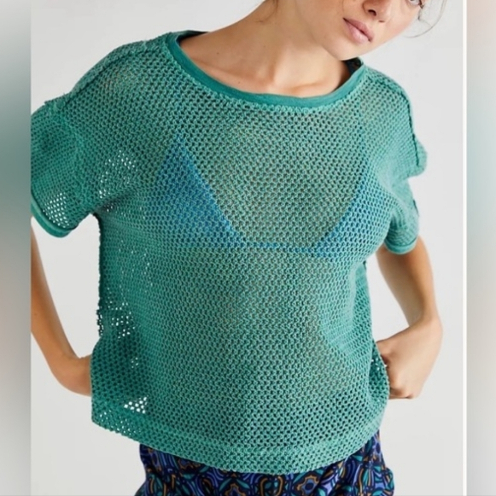 Free People Teal Oversized Fishnet Top